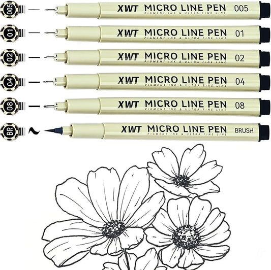 Micro Fineliner Pens 6 Size/Set, Ultra Fine Fineliner Pen, Brush Marker Pen, Water-based Black Pigment Ink, Drawing Journaling Doodle Supplies for Artists, Designers, Students