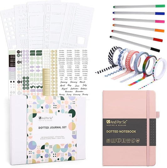&And Per Se Dotted Journal Notebook Set, A5 Hardcover Dotted Journal (Pink), 6 Fineliner Pens, 8 Sticker, 5 Stencil Sheets & 6 Washi Tapes, Journaling Supplies for Planner Schedule