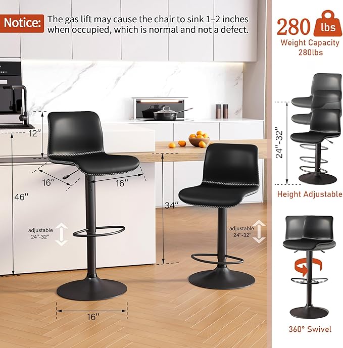 HeuGah Swivel Bar Stools Set of 4, Counter Height Bar Stools with Back, Adjustable Bar Stools 24" to 32", Black Faux Leather Bar Chairs for Kitchen Island (Black, Set of 4 (24'' to 32''))