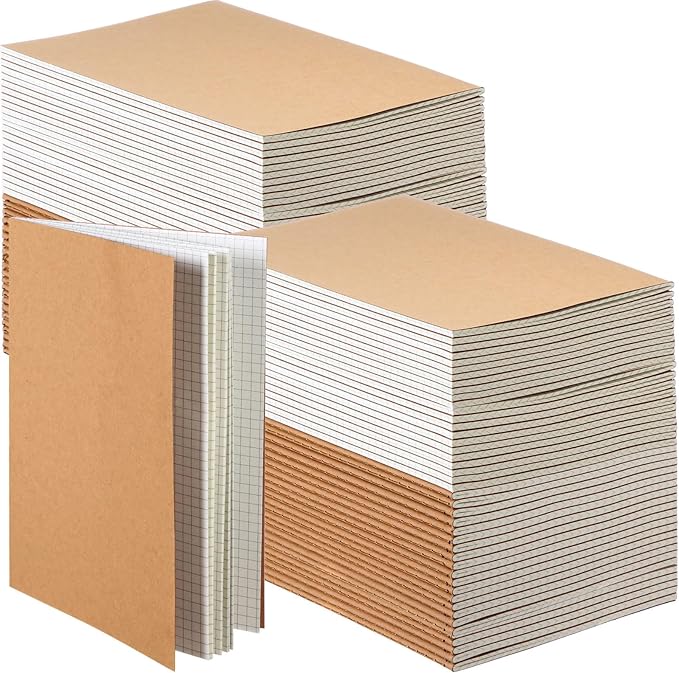 100 Pcs Kraft Notebook Journals 5.5 Inch x 8.3 Inch A5 Journal Softcover Notebooks Bulk for Kids Student Writing Sketch Office Notepad with 60 Pages 33 Sheets (Brown, Grid)