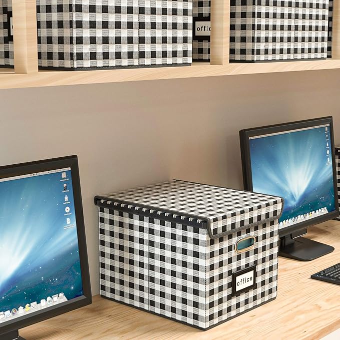 Huolewa Decorative Collapsible File Storage Organizer Boxes with Lids, Hanging Filing & Storage Boxes for Office/Decor/Home, Filing System for File and Folders Storag - (Black & White Lattice)