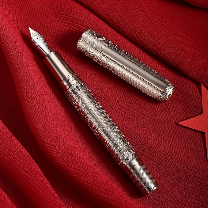 Hongdian 100 Silver Steel Piston Fountain Pen, Iridium Fine Nib Calligraphy, Smooth Writing Pens, Nice Writing Pen for Men & Women