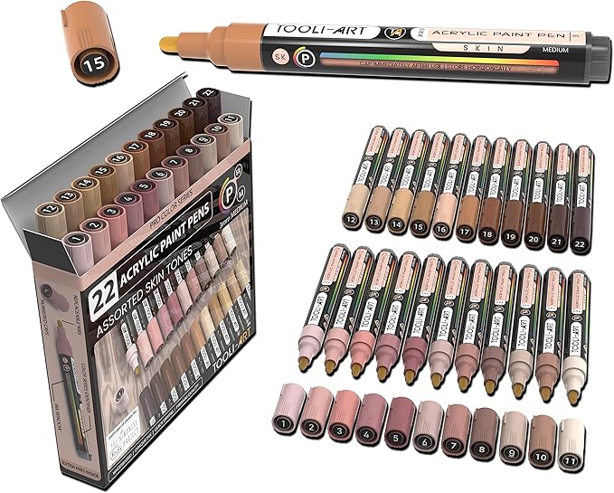 TOOLI-ART 22 Acrylic Paint Markers Paint Pens Pro Color Series Set 3mm Medium Tip for Rock Painting, Glass, Mugs, Wood, Metal, Glass Paint, Canvas, DIY. Non Toxic, Waterbased, Quick Drying (SKIN)