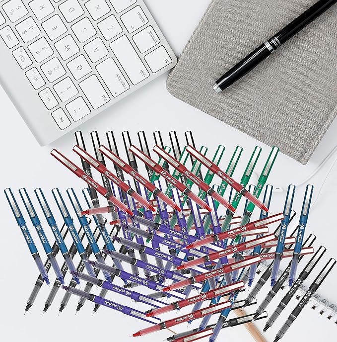 Precise V5 Stick Rolling Ball Pens, Extra Fine Point (.5mm), Assorted Colors Black/Blue/Red Ink, 5-pk; Bundle with Plastic Reusable Pouch
